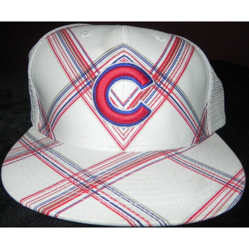 Chicago Cubs ’47 Brand White Plaid Snapback Hat MLB Red Blue Logo